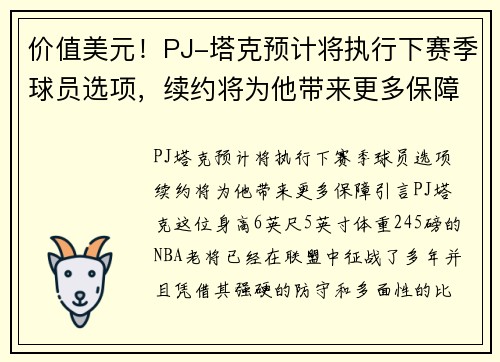 价值美元！PJ-塔克预计将执行下赛季球员选项，续约将为他带来更多保障